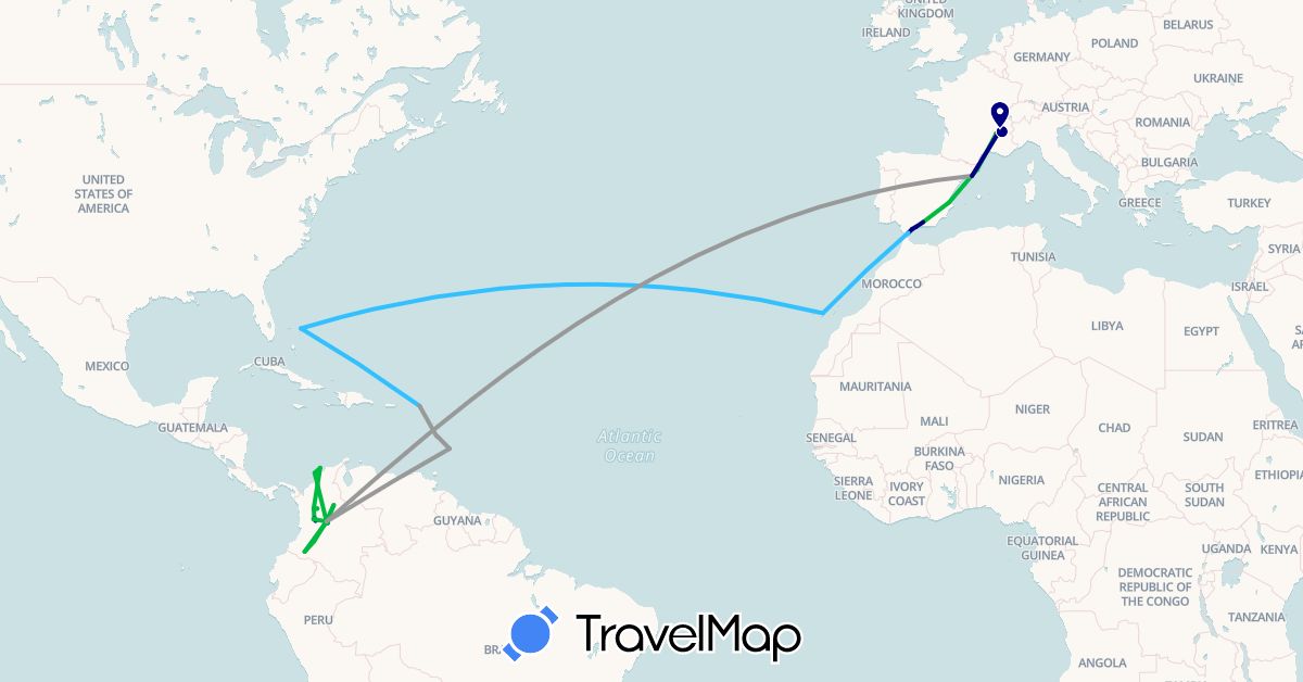 TravelMap itinerary: driving, bus, plane, hiking, boat, cataventure, bus magique de mary in Barbados, Bahamas, Colombia, Spain, France, Gibraltar, Saint Martin, Martinique (Europe, North America, South America)