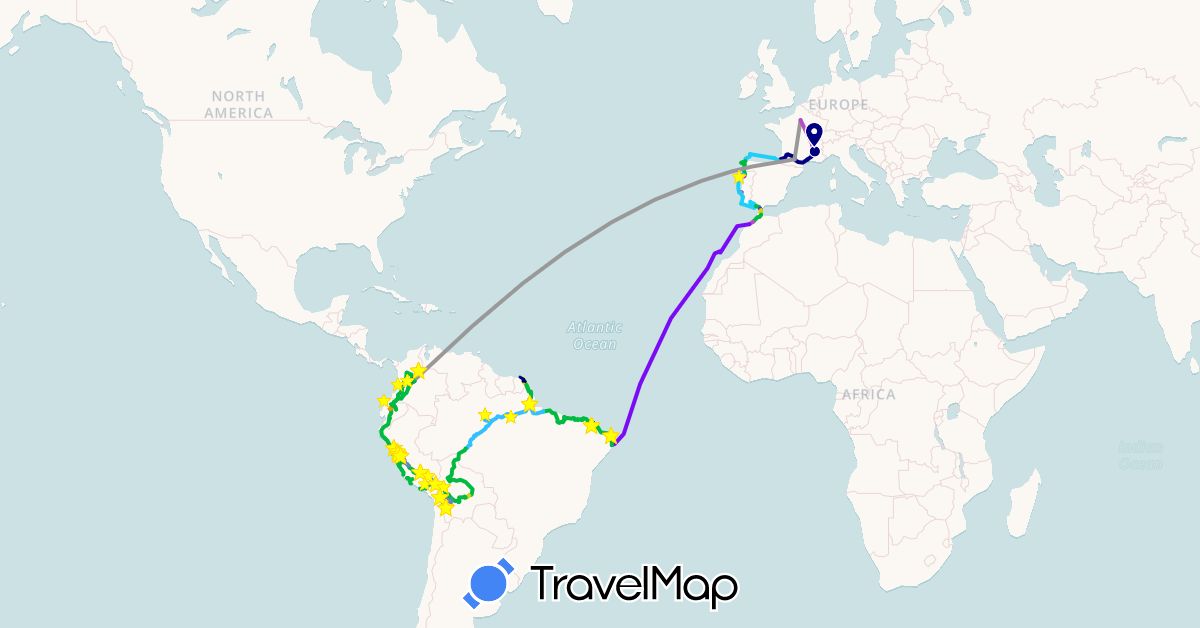 TravelMap itinerary: driving, bus, plane, cycling, train, hiking, boat, hitchhiking, metro, voilier, taxi collectif, gros bateau in Bolivia, Brazil, Colombia, Ecuador, Spain, France, French Guiana, Morocco, Peru, Portugal (Africa, Europe, South America)